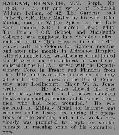 Ballam K Sergt MM Royal Field Artillery Obit De Ruvignys Roll Of Honour Vol 3