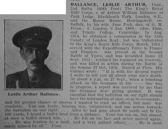 Ballance L A Captain KRRC Obit D Ruvignys Roll Of Honour Vol 3