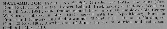 Ballard J Pte 204205 7th East Kent Regiment