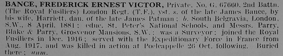Bance F E V Pte G/67660 2nd Royal Fusiliers