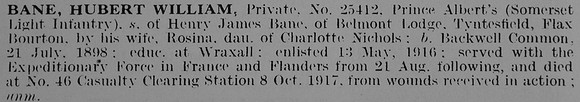 Bane H W Pte 25412 Somerset Light Infantry