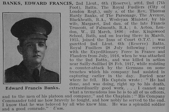 Banks E F 2nd Lt 2nd Royal Fusiliers Obit De Ruvignys Roll Of Honour Vol 3