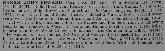 Banks J E Cpl 24 1st East Kent Regiment