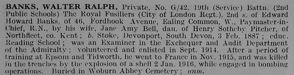Banks W R Pte G/42  19th Royal Fusiliers