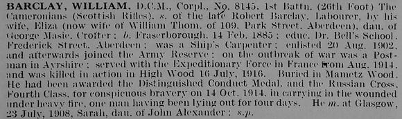 Barclay W Cpl DCM 8145 1st Cameonians