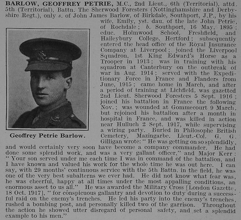 Barlow G P 2nd Lt MC 5th Notts And Derby Regiment Obit De Ruvignys Roll Of Honour Vol 3