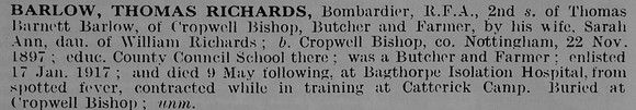 Barlow T R Bmdr Royal Field Artillery