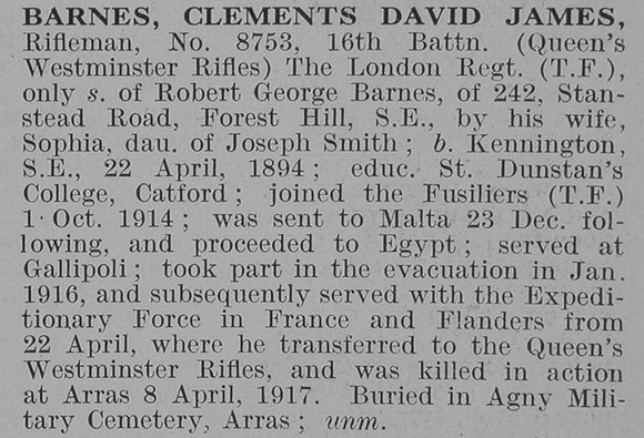 Barnes C D J Rfn 16th London Regiment Obit De Ruvignys Roll Of Honour Vol 3