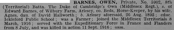 Barnes O Pte 5902 8th Middlesex Regiment