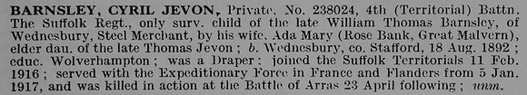 Barnsley C J Pte 238024 4th Suffolk Regiment