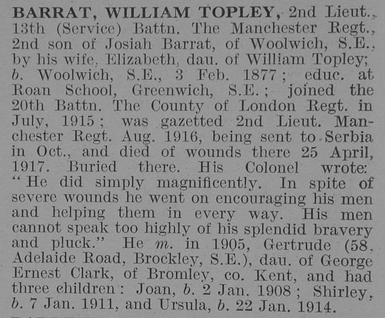Barrat W T 2nd Lt 13th Manchester Regiment Obit DR3