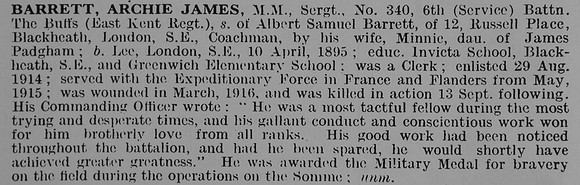 Barrett A J Sergt MM 6th East Kent Regiment