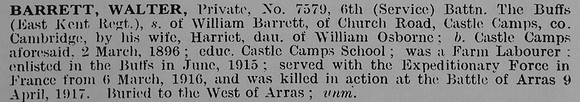 Barrett W Pte 7579 6th East Kent Regiment