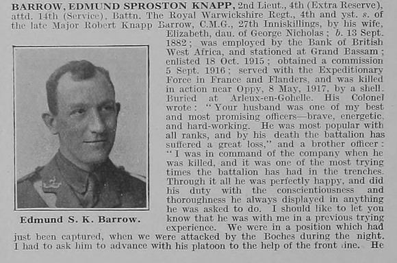 Barrow E S K 2nd Lt 14th Royal Warwickshire Regiment Obit Part 1