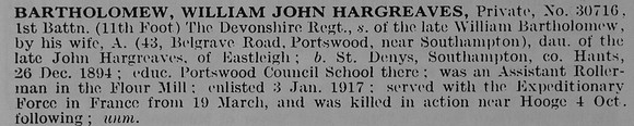 Bartholomew W J H Pte 30716 1st Devonshire Regiment