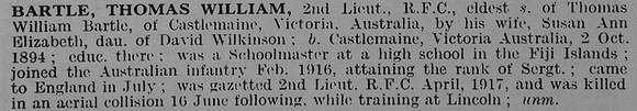 Bartle W T 2nd Lt Royal Flying Corps