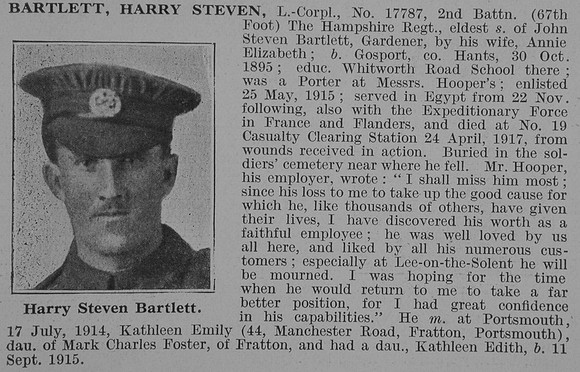 Bartlett H S L/Cpl 2nd Hampshire Regiment Obit De Ruvignys Roll Of Honour Vol 3