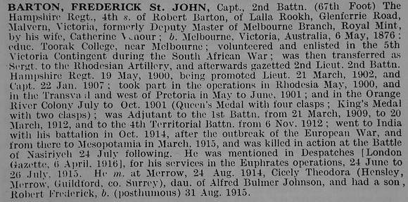 Barton F St J Captain 2nd Hampshire Regiment