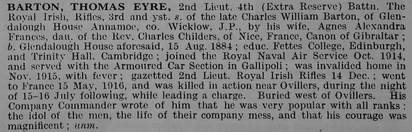 Barton T E 2nd Lt 2nd Royal Irish Rifles