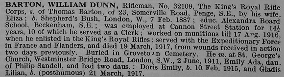 Barton W D Rfn 32109 12th King's Royal Rifle Corps