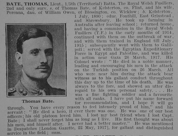 Bate T Lt 5th Royal Welsh Fusiliers Obit De Ruvigny's Roll Of Honour Vol 3