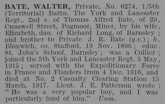 Bate W Pte 5th York & Lancs Regiment Obit De Ruvignys Roll Of Honour Vol 3