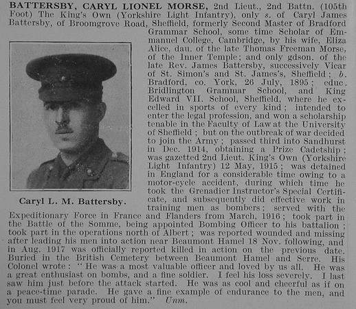 Battersby C L M 2nd Lt 2nd King's Own Yorkshire Light Infantry Obit De Ruvignys Roll Of Honour Vol 3