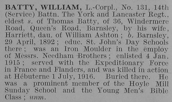 Batty W L/Cpl 14th York & Lanc Regiment Obit De Ruvugnys Roll Of Honour Vol 3