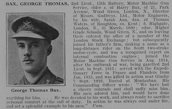 Bax G T 2nd Lt Motor Machine Gun Corps Obit De Ruvugnys Roll Of Honour Vol 3