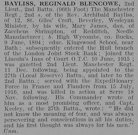 Bayliss R B 2nd Lt 2nd Manchester Regt Obit De Ruvignys Roll Of Honour Vol 3