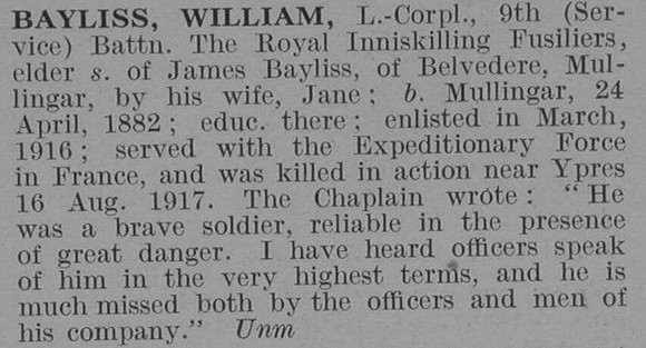Bayliss W L/Cpl 9th Royal Inniskilling Fusiliers Obit De Ruvignys Roll Of Honour Vol 3