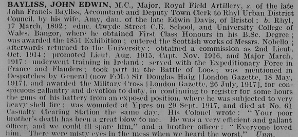 Bayliss J E Major MC Royal Field Artillery