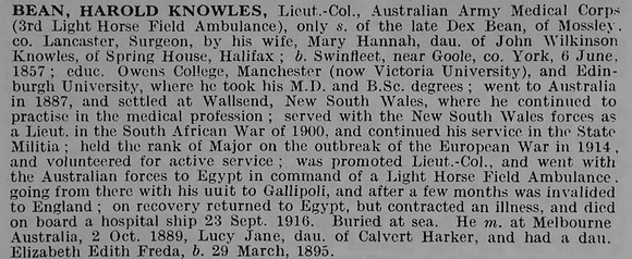 Bean H K Lt Col Australian Army Medical Corps