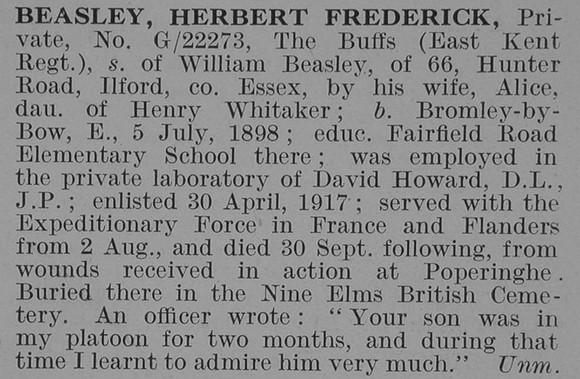Beasley H F Pte East Kent Regiment De Ruvignys Roll Of Honour Vol 3