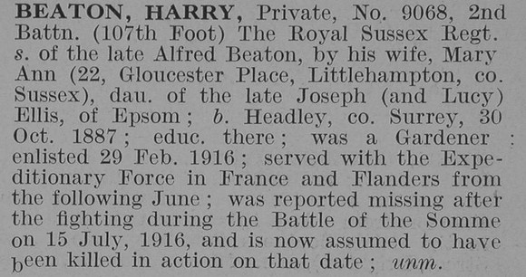 Beaton H Pte 2nd Royal Sussex Regiment Obit De Ruvignys Roll Of Honour Vol 3
