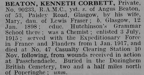Beaton K C Pte 90233 Royal Army Medical Corps