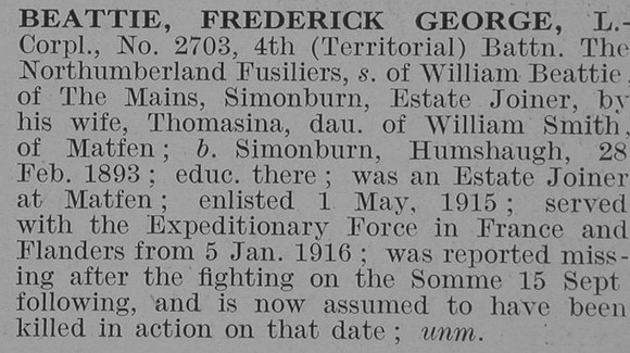 Beattie F G L/Cpl 4th Northumberland Fusiliers Obit De Ruvignys Roll Of Honour Vol 3