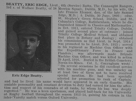 Beatty E E Lt 6th Connaught Rangers Obit De Ruvignys Roll Of Honour Vol 3