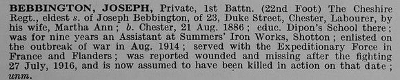 Bebbington J Pte 1st Cheshire Regiment