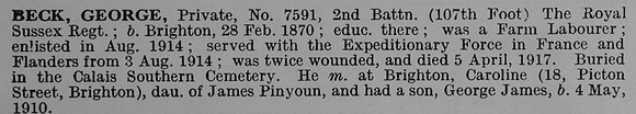 Beck G Pte 7591 2nd Royal Sussex Regiment
