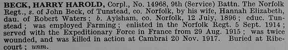 Beck H H Cpl 14968 9th Norfolk Regiment