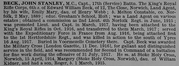 Beck J S Captain MC 17th Kings Royal Rifle Corps
