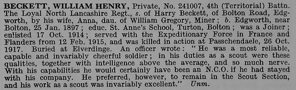 Beckett W H Pte 241007 4th Loyal Norh Lancs Regiment