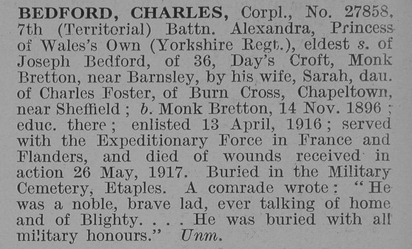 Bedford C Cpl 7th Yorkshire Regiment Obit De Ruvignys Roll Of Honour Vol 3