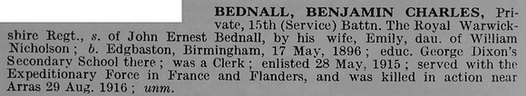 Bednall B C Pte 1254 15th Royal Warwickshire Regiment