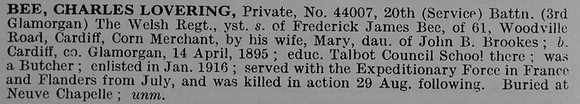 Bee C L Pte 44007 20th Welsh Regiment