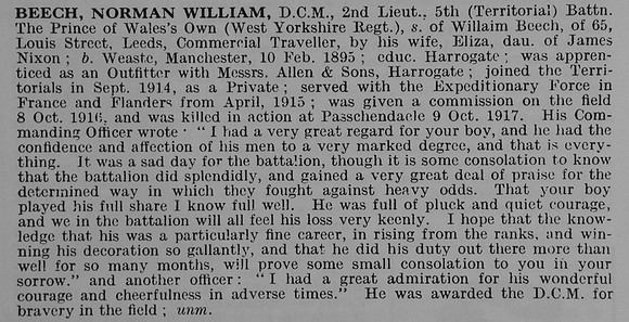 Beech N W 2nd Lt DCM 5th West Yorkshire Regiment