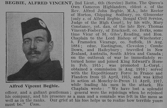Begbie A V 2nd Lt 6th Cameron Highlanders Obit De Ruvugnys Roll Of Honour Vol 3