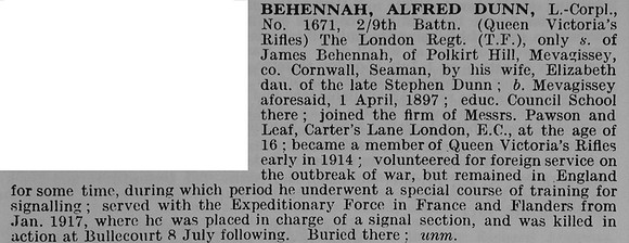 Behennah A D L/Cpl 1671 9th London Regiment