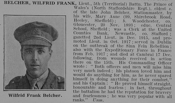 Belcher W F Lt 5th North Staffs Regiment Obit De Ruvignys Roll Of Honour Vol 3